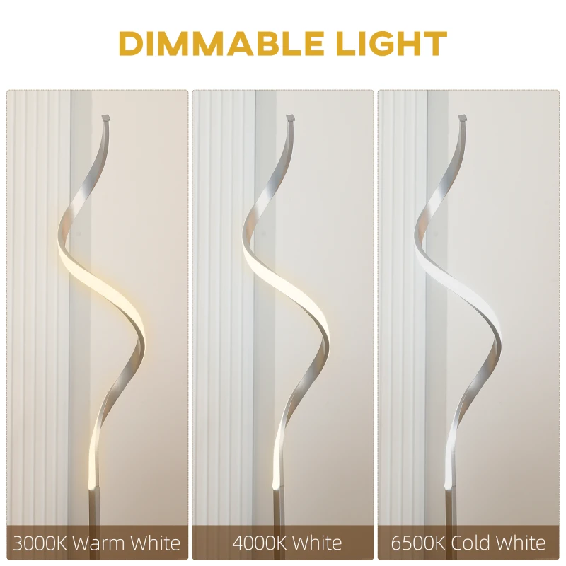 HOMCOM Dimmable Floor Lamp for Living Room, Modern Spiral Standing Lamp with 3 Adjustable Brightness and Square Base, Silver