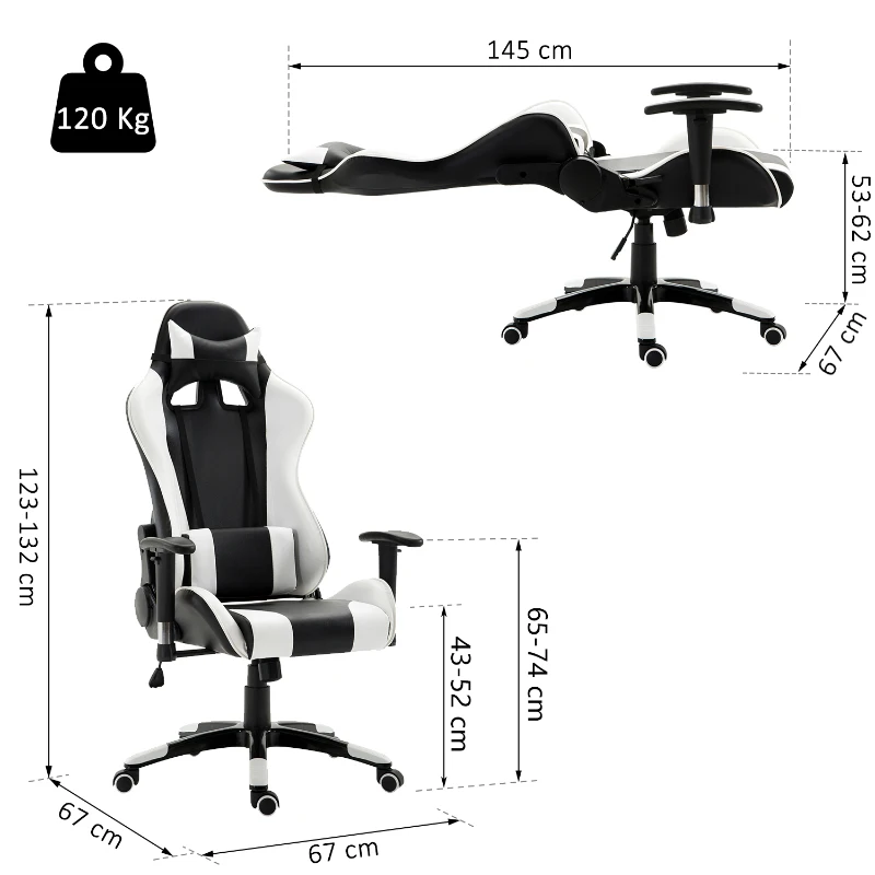HOMCOM Fauteuil de bureau manager grand confort style baquet Racing pivotant inclinable avec coussins blanc noir