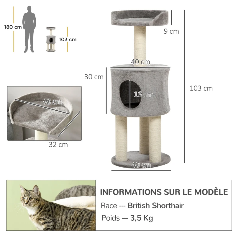 PawHut Arbre à chat griffoirs grattoirs sisal naturel arbre à grimper niche plate-forme en peluche hauteur 103 cm gris
