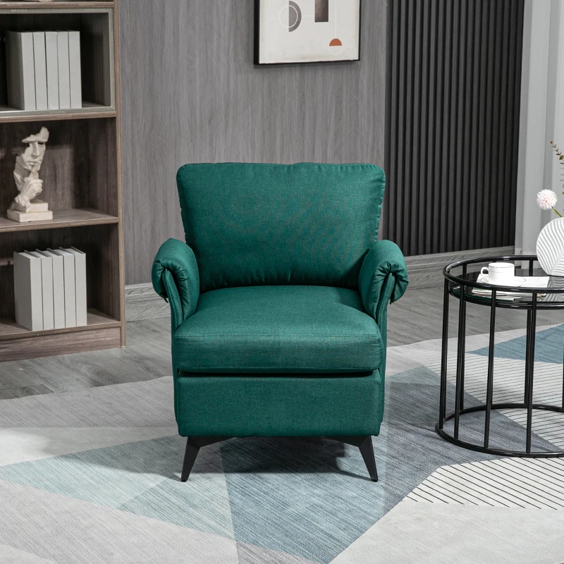 HOMCOM Poltrona d'arredo in Tessuto Effetto Lino Traspirante con Braccioli Arrotolati, 70x73x83 cm, Verde