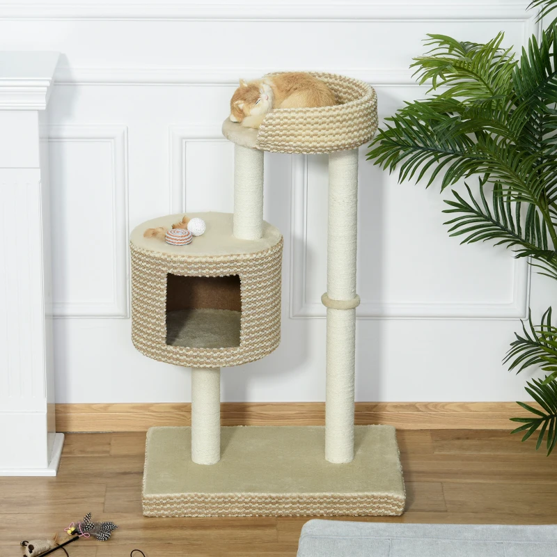 PawHut Arbre à chats style cosy chic griffoirs jute naturelle niche plateforme peluche courte bicolore beige café