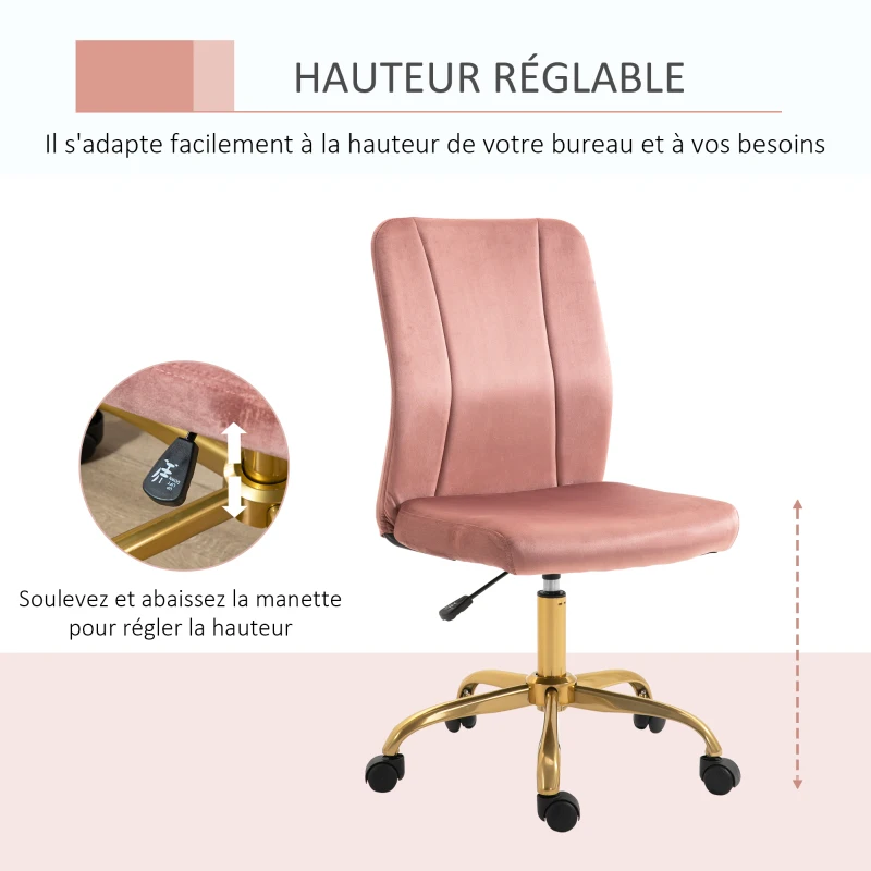 Vinsetto Chaise de bureau design contemporain fauteuil pivotant 360° ergonomique dossier incurvé hauteur réglable revêtement velours 56 x 60 x 102 cm rose et doré