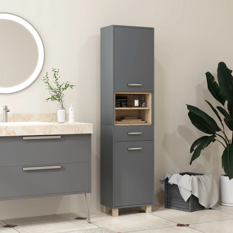 HOMCOM Colonne salle de bain, meuble salle de bain rangement avec 2 placards, tiroir et 2 compartiments ouverts, gris