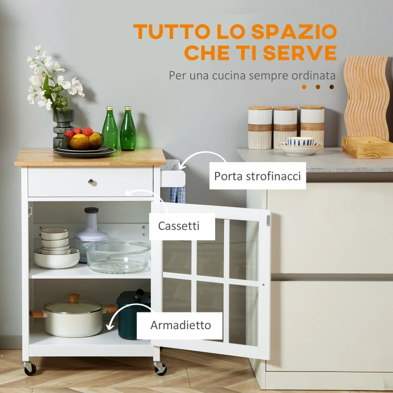 HOMCOM Carrello da Cucina Multiuso con 4 Ruote, in Legno Bianco, 67x48x86.5cm