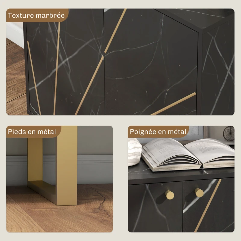 HOMCOM Buffet de rangement avec 2 portes et étagère réglable pieds en métal 76 x 35 x 77 cm ton marbre noir