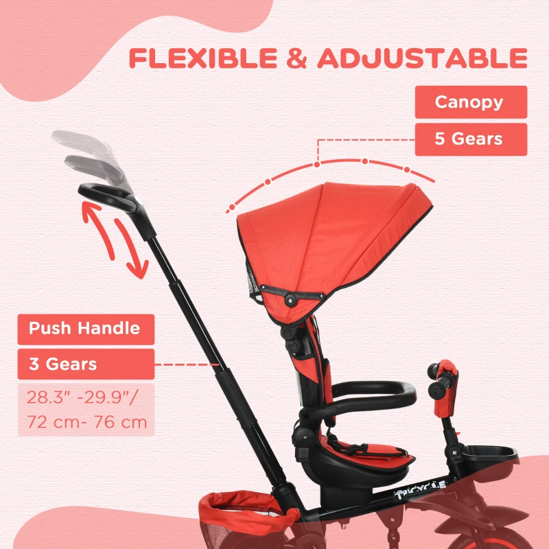 HOMCOM Multifunctional Kids Tricycle, with Rotatable Seat, Adjustable Push Handle - Red
