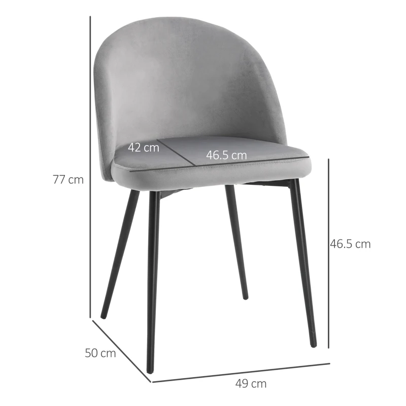 HOMCOM Set di 2 Sedie per Sala da Pranzo e Cucina Imbottite in Velluto, 49x50x77cm, Grigio
