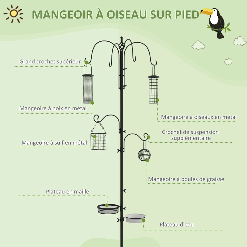 PawHut Station d'alimentation mangeoir à oiseaux sur pied 6 crochets 4 mangeoires suspendues pour cacahuètes graines boules de graisse noir