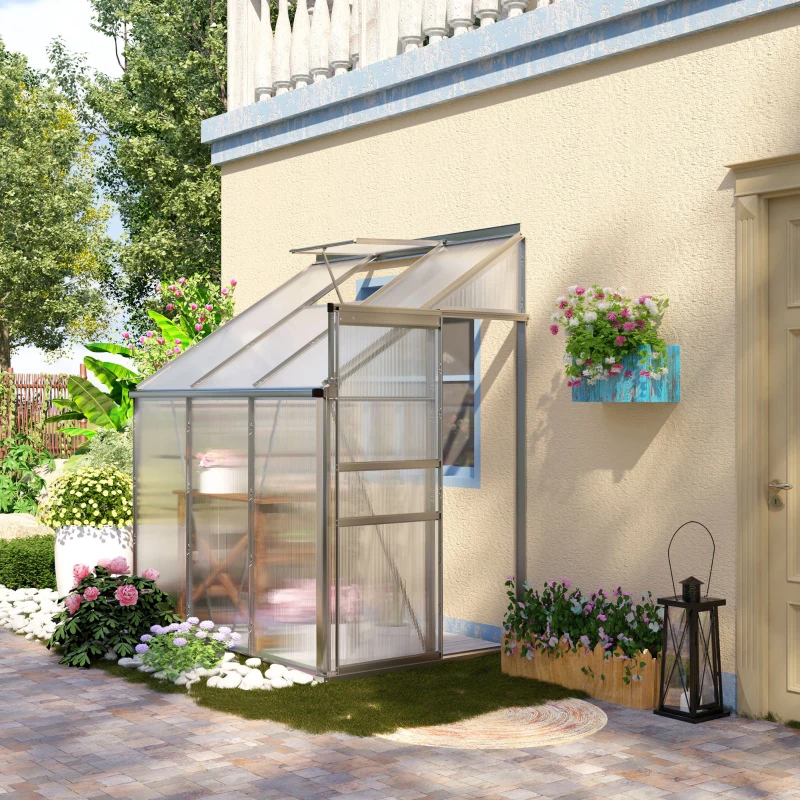 Outsunny Serre de jardin adossée aluminium polycarbonate 2,4 m² dim. 192L x 127l x 214H cm avec fenêtre et porte coulissante