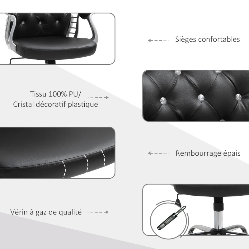 HOMCOM Fauteuil de bureau chaise de bureau ergonomique réglable roulettes pivotantes boutons strass revêtement synthétique PU 59,5L x 60,5l x 95-105H cm noir