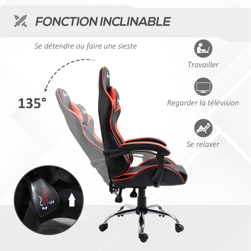 Vinsetto Chaise gaming fauteuil de bureau chaise gamer appui-tête ergonomique hauteur réglable dossier inclinable jusqu'à 135°