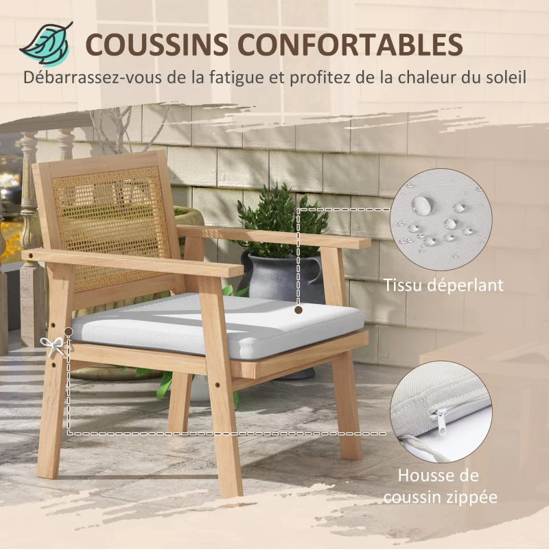 Outsunny Ensemble salon de jardin 4 pièces 4 personnes avec canapé 2 places, 2 fauteuils 1 table basse coussins, bois d'acacia