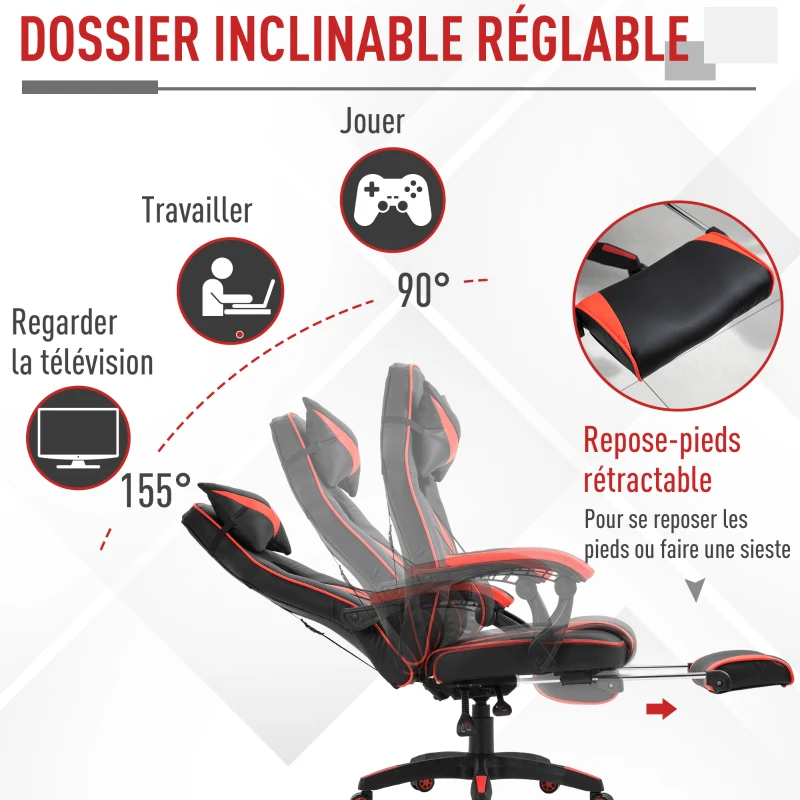 HOMCOM Chaise gaming Fauteuil Gamer Fauteuil de Bureau ergonomique avec support lombaire et Repose-Pieds revêtement synthétique Noir Rouge