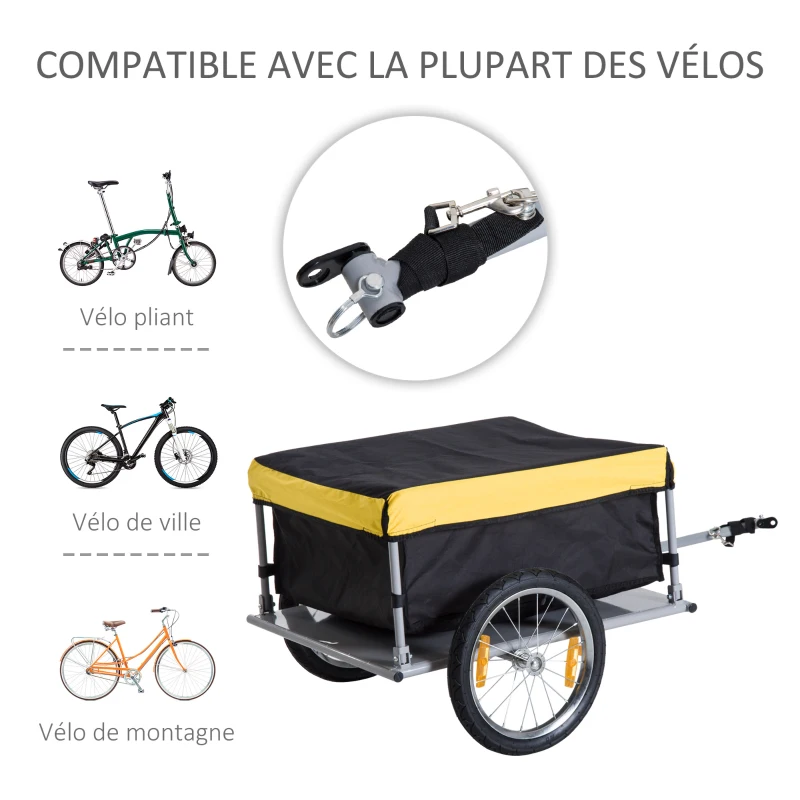 HOMCOM Remorque de transport vélo cargo capacité 70 L barre d'attelage incluse housse amovible 4 réflecteurs charge max. 40 Kg noir jaune