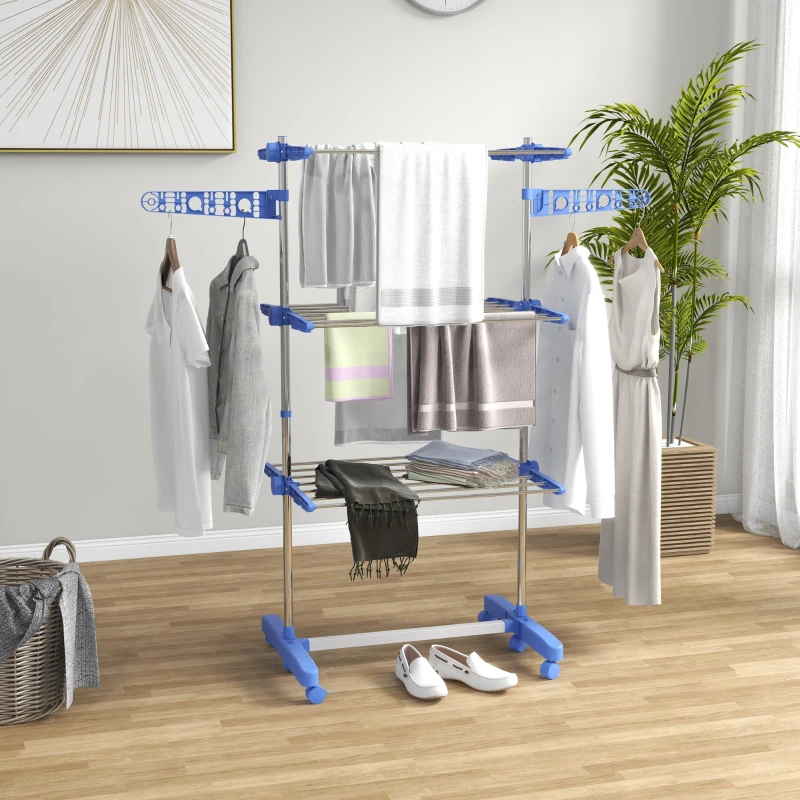 HOMCOM Tendedero Vertical de 3 Niveles con 6 Ruedas 2 Laterales Abatibles Estantes Ajustables y Marco de Acero Inoxidable Azul