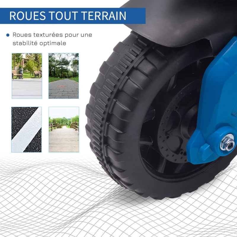 HOMCOM Moto électrique Enfant 6 V 3 Km/h Effet Lumineux et sonore roulettes Amovibles Repose-Pied valises latérales métal PP Bleu Noir(m-7)