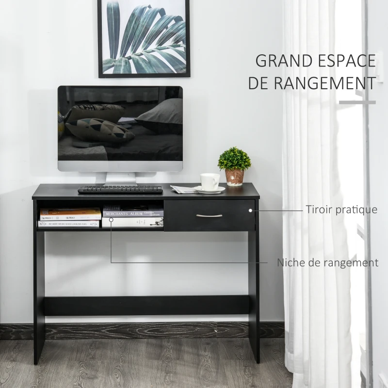 HOMCOM Bureau Informatique multimédia Compartiment Rangement et tiroir Panneaux Particules Noir