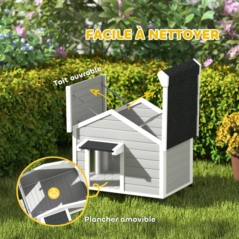 PawHut Niche pour chien extérieur en bois massif maison chien avec toit ouvrable rideau de porte 95 x 68 x 76 cm gris clair