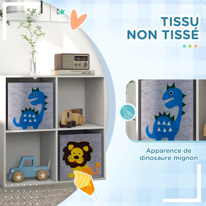ZONEKIZ Meuble étagère bibliothèque 4 cases 2 cubes paniers tissu motif dinosaures pour chambre enfant 62 x 30 x 62 cm blanc