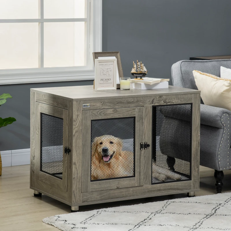 PawHut 2-in-1 Dog Cage & Side Table, with Two Doors, Cushion, for Large Dogs