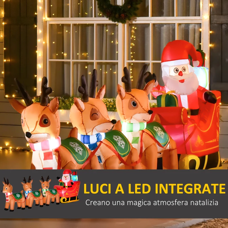 HOMCOM Babbo Natale Gonfiabile 132cm con Slitta e 3 Renne, Luci LED Integrate, Decorazione Natalizia da Esterno