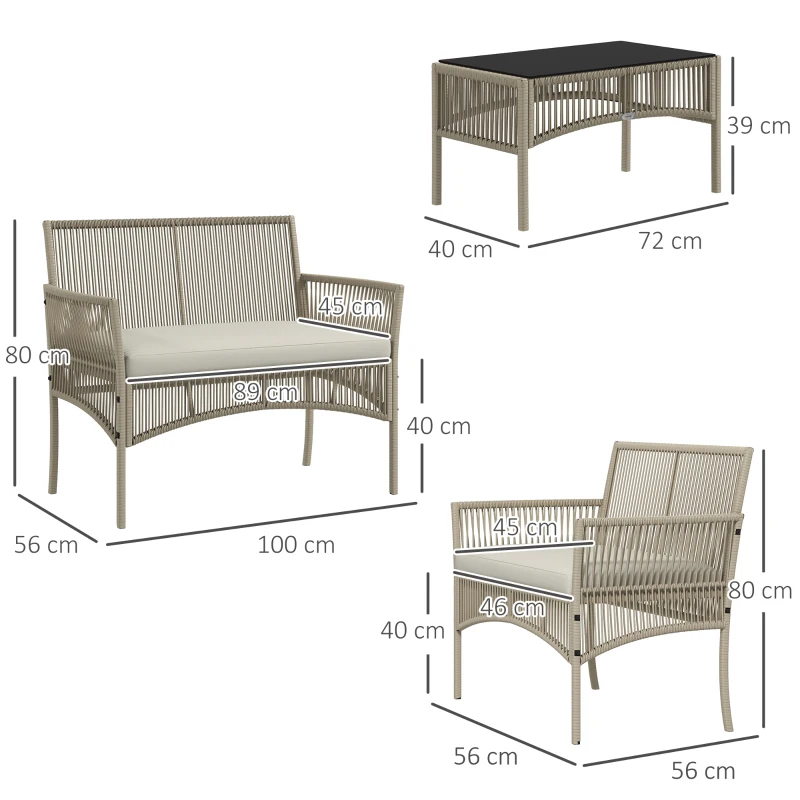 Outsunny Set da Giardino in Rattan da 4 Pezzi con 2 Poltroncine, Divano e Tavolino da Caffè, Kaki e Nero