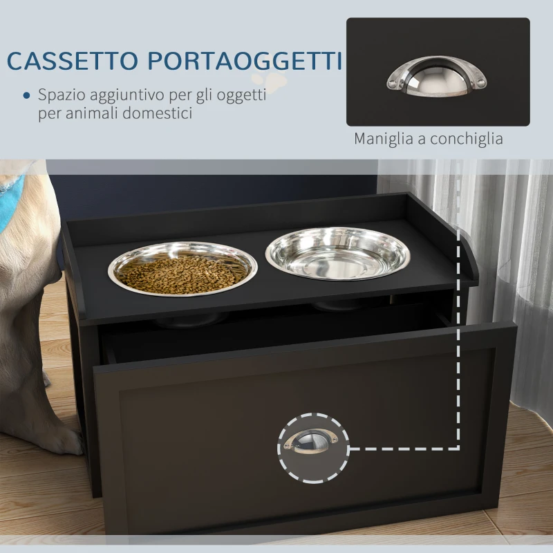 PawHut Ciotole per Cani Rialzate in Acciaio Inox e Legno con Cassetto, 60x30x36cm, Nero