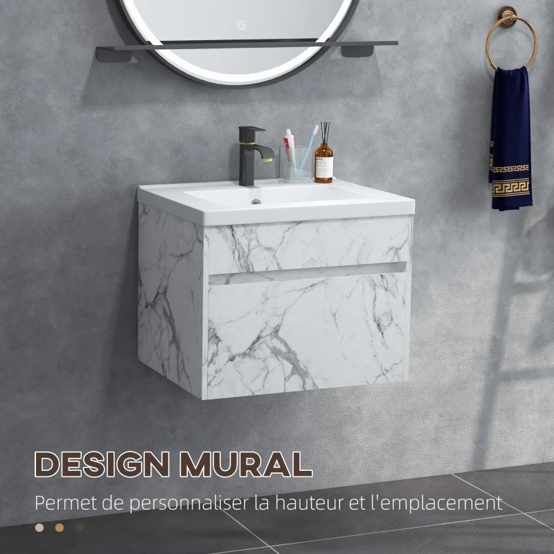 kleankin Meuble sous lavabo suspendu meuble de salle de bain avec bassin et tiroir design moderne 60 x 45,5 x 45 cm blanc