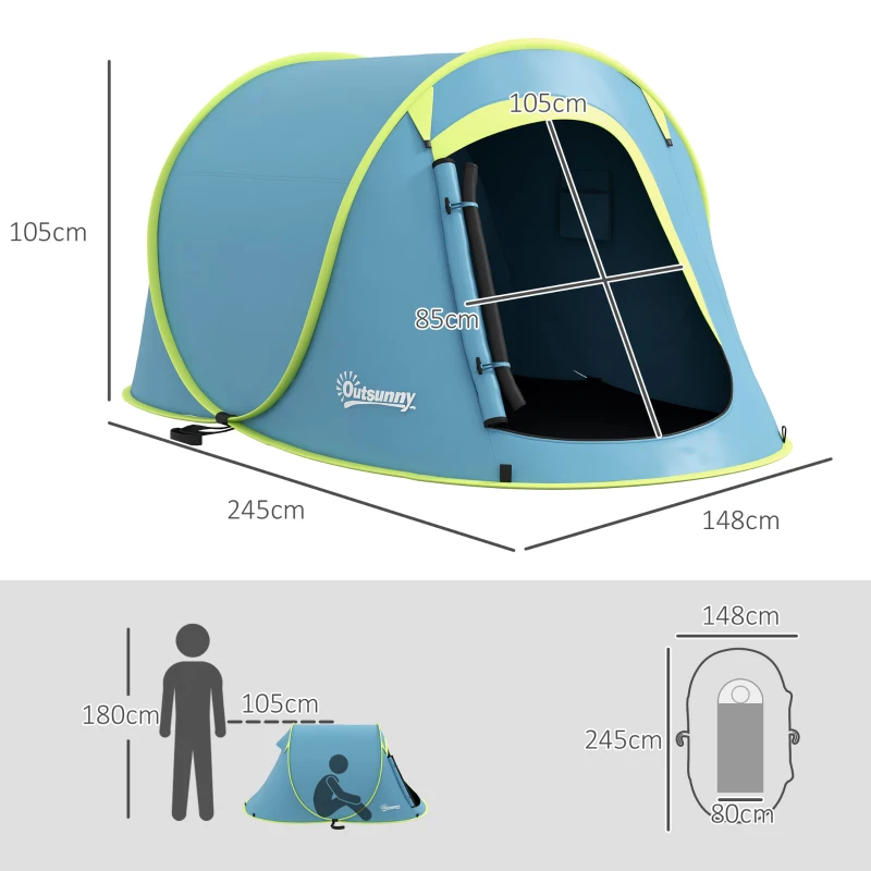 Outsunny Tente de camping 2-3 personnes étanche 2000 mm avec sac de transport pour la randonnée 245x148x105 cm Bleu