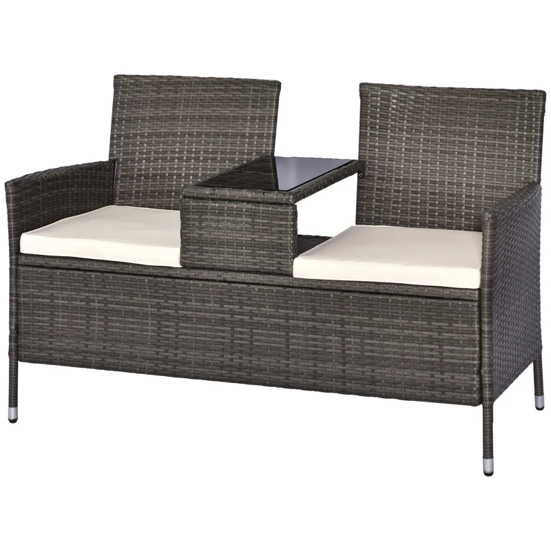 Outsunny Banc de jardin design contemporain 133L x 63l x 84H cm banc double chaise avec coussins assise + tablette intégrée résine tressée grise polyester crème