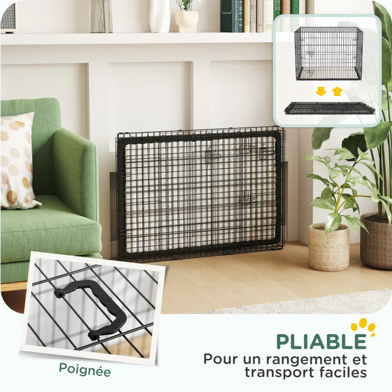 PawHut Cage caisse de transport pliante pour chien poignée, plateau amovible, coussin fourni 91 x 62 x 68 cm noir