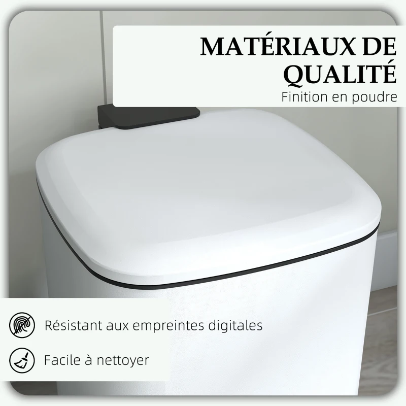 HOMCOM Poubelle de cuisine 12L avec couvercle, poubelle anti-traces de doigts avec pédale et seau intérieur amovible, blanc