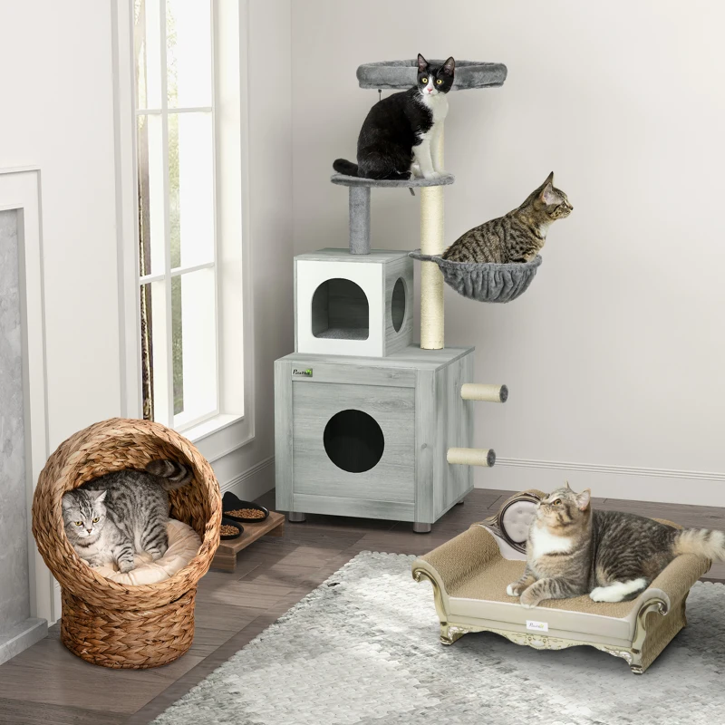 PawHut Wicker Cat Bed, Raised Rattan Cat Basket with Cylindrical Base, Soft Washable Cushion, 40 x 37 x 51 cm - Brown