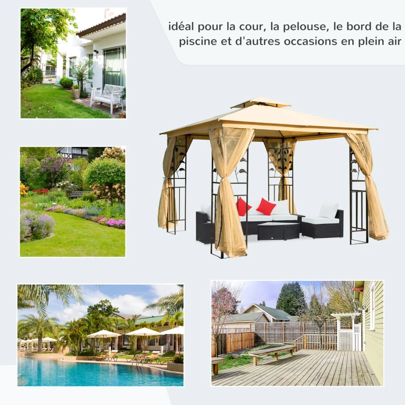 Outsunny Tonnlle de jardin barnum pavillion de jardin 3 x 3 double toit avec moustiquaires amovibles imperméable beige