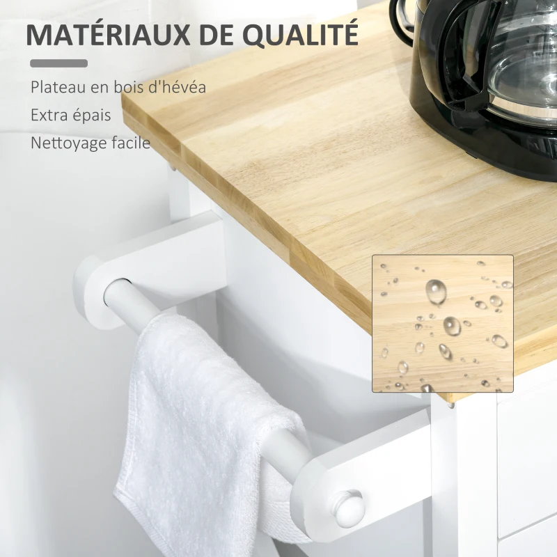 HOMCOM Desserte de cuisine multi-rangements - dim. 108L x 45l x 89H cm - poignées métal MDF blanc plateau bois hévéa