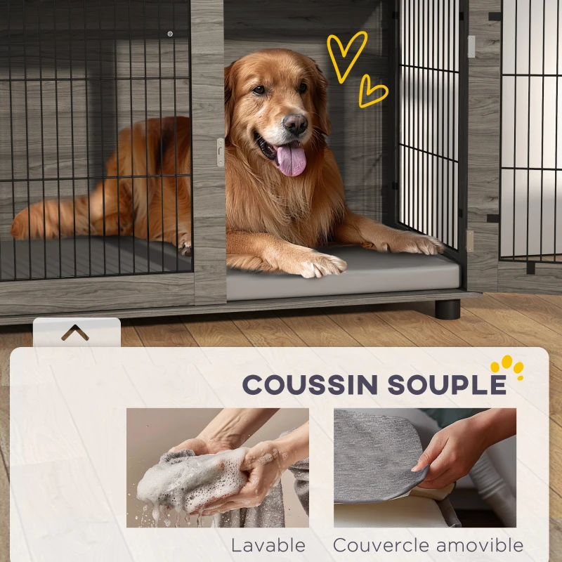 PawHut Cage pour chien 2 en 1 table d'appoint avec coussin en peluche déhoussable porte verrouillable 100 x 60 x 73,5 cm gris