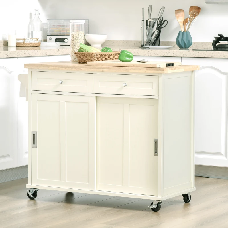 HOMCOM Isola per Cucina per Utensili e Accessori con Cassetti, Armadietto e Portasciugamani, 110x49.5x89.5 cm, Bianco