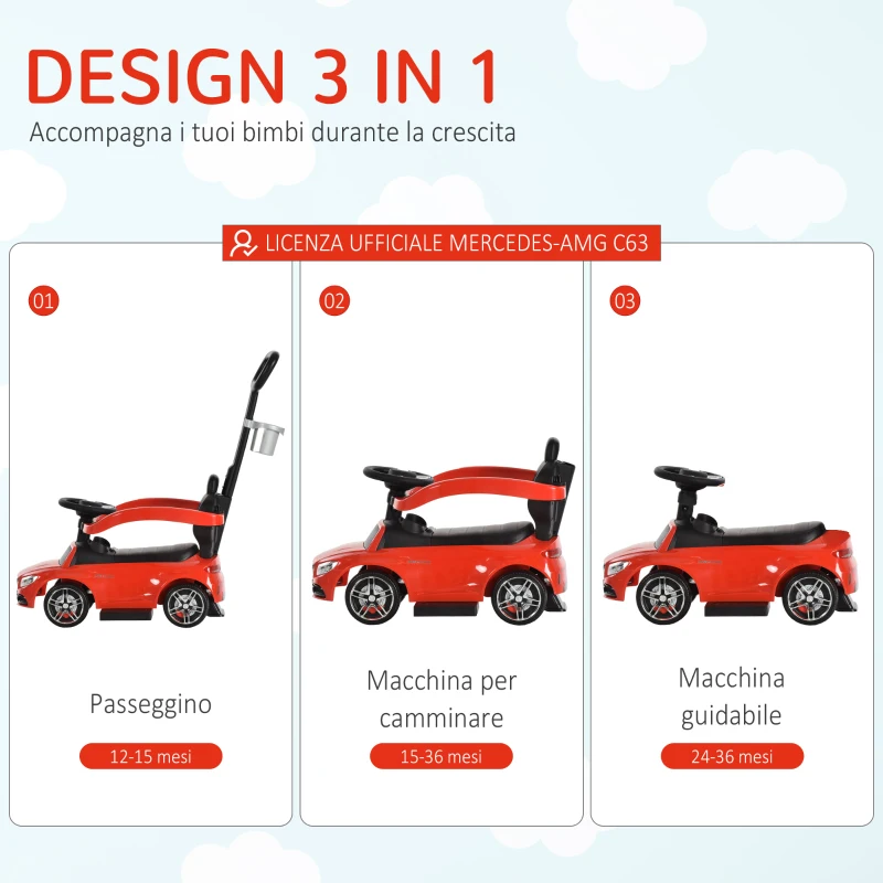 HOMCOM Macchina Cavalcabile per Bambini 12-36 Mesi con Maniglione e Barre di Sicurezza Rimovibili, Licenza Mercedes, Rossa