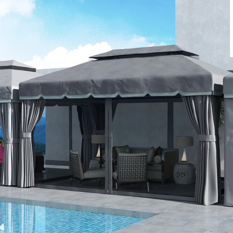Outsunny Cenador para Jardín 4x3 m Pérgola de Jardín Gazebo con Doble Techo Paredes Laterales Anti-UV y Mosquiteras Gris