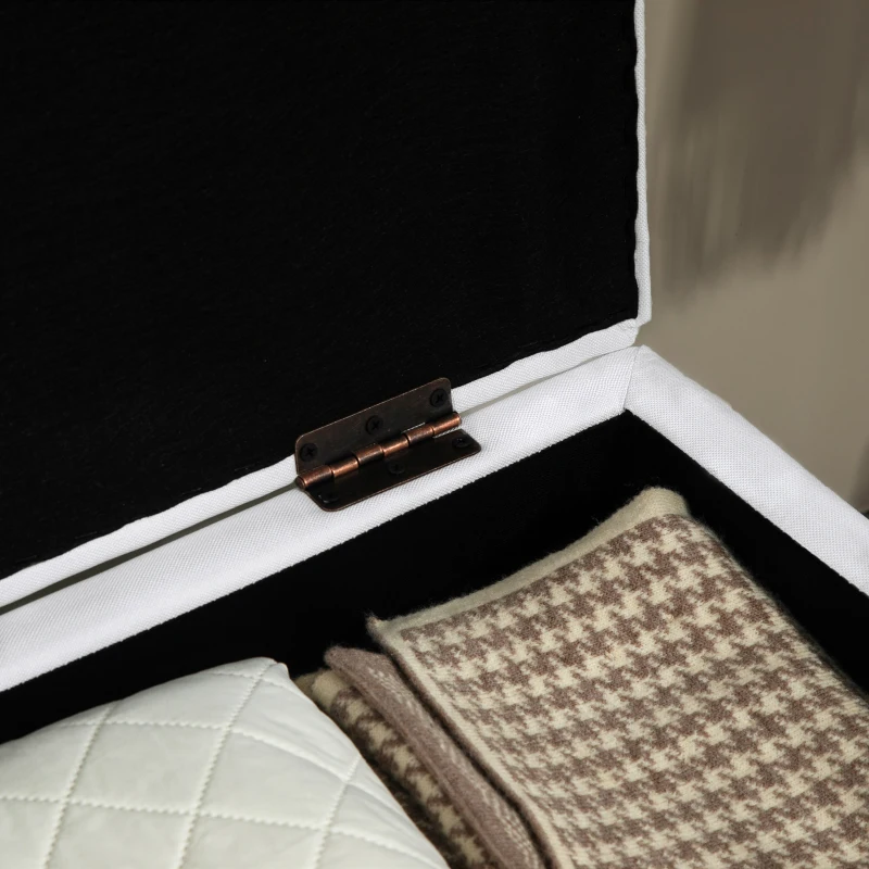 HOMCOM 30L Linen Storage Ottoman Padded Footstool with Rubberwood Legs for Storage Box, Bed End, Shoe Bench, Seating, Cream White