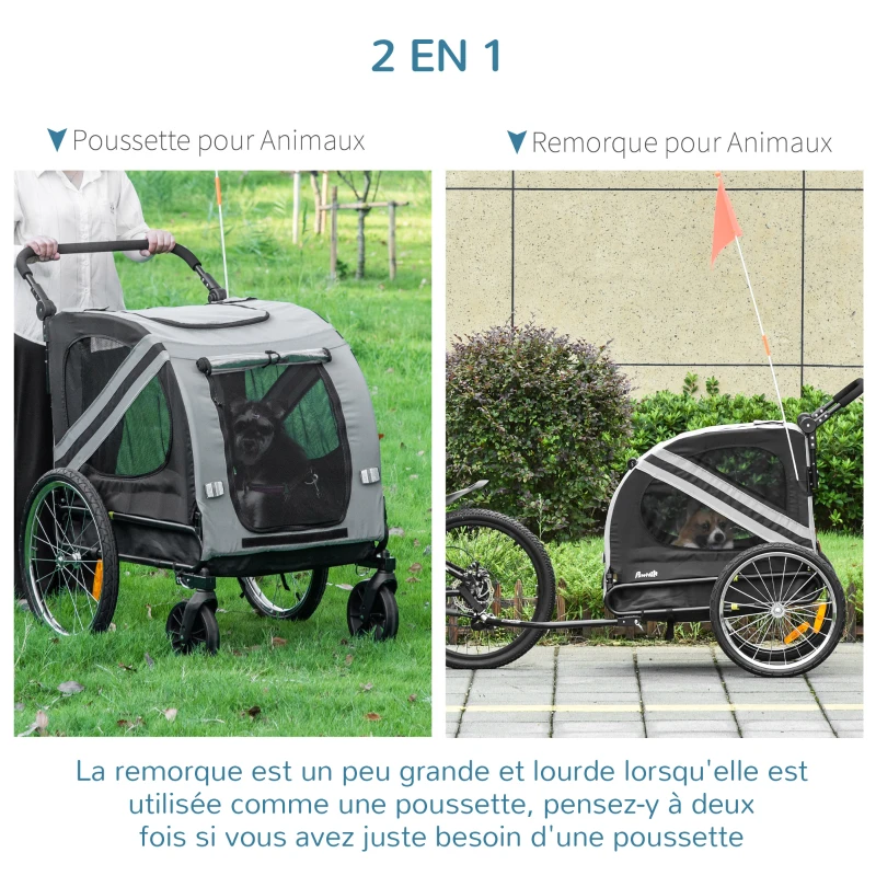 PawHut Remorque à vélo pour chien convertible jogger 2 en 1 pour animaux avec drapeau réflecteurs - gris et noir
