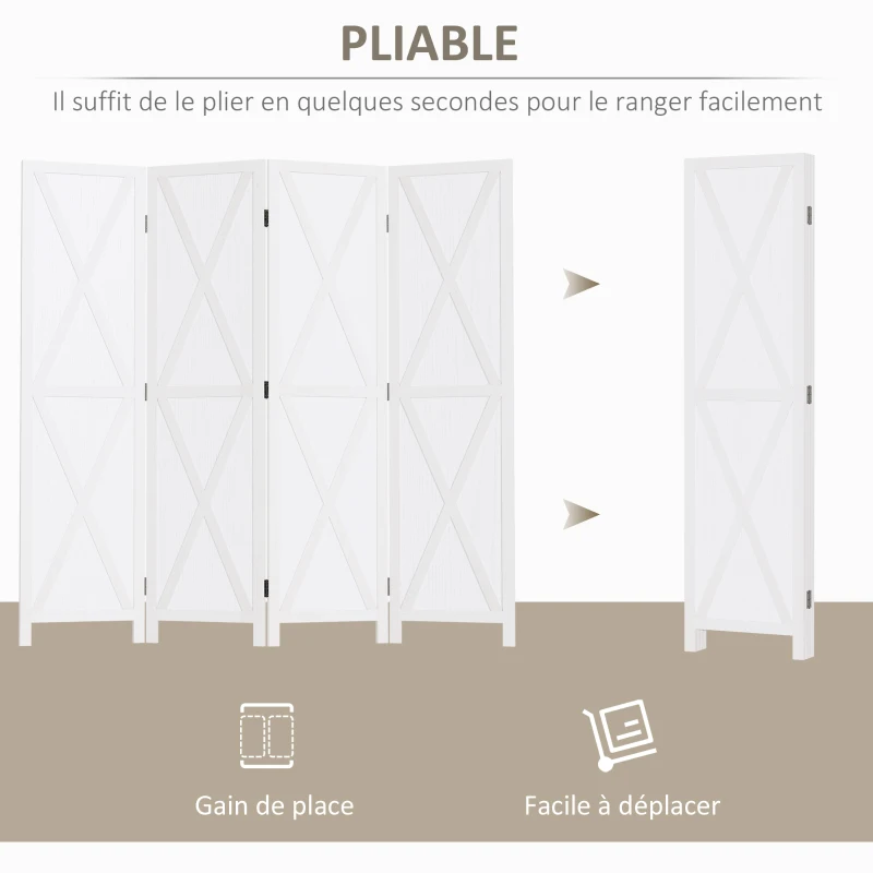 HOMCOM Paravent intérieur 4 Panneaux Style campagnard Chic - séparateur de pièce avec croisillons - Bois de Paulownia Blanc