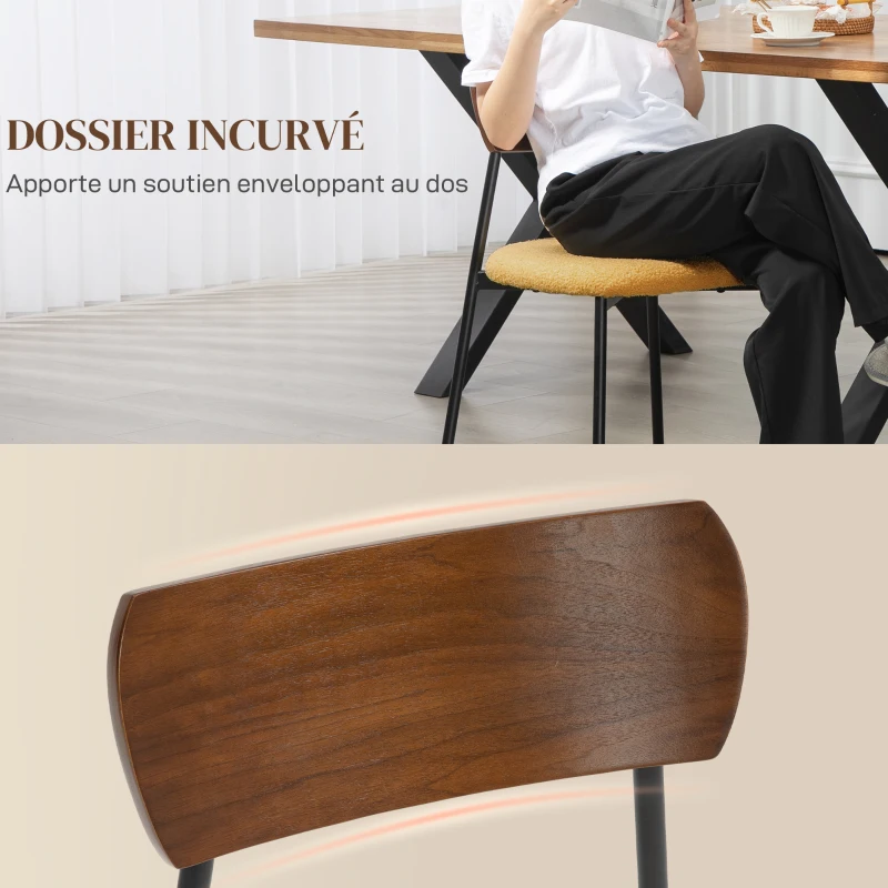 HOMCOM Lot de 2 chaises de salle à manger avec assise effet bouclette, dossier courbé effet bois, intérieur, jaune