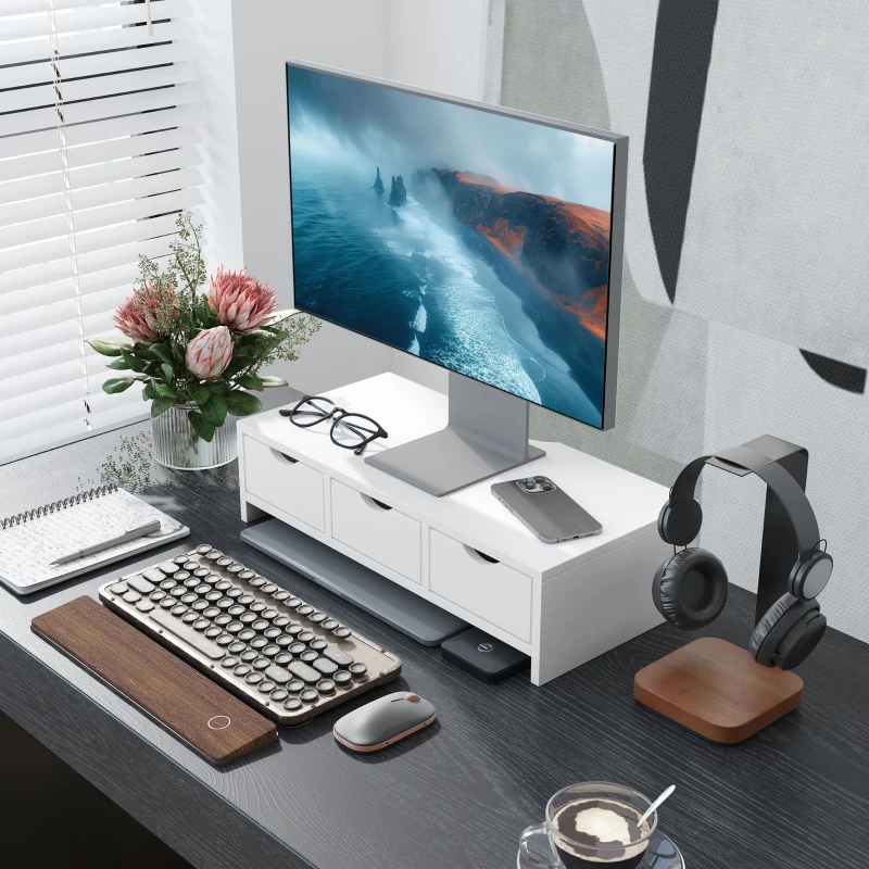 HOMCOM Monitor Stand Riser with 3 Drawers, Monitor Riser for Laptop, Computer, PC, Small Printer, 51 x 24 x 13cm, White