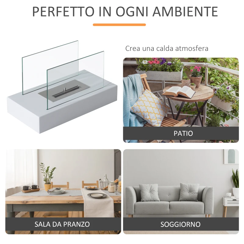HOMCOM Camino a Bioetanolo da Tavolo 830 W Bruciatori senza Residui Inodore In Acciaio Inox con Vetro 35x18x21 cm Bianco