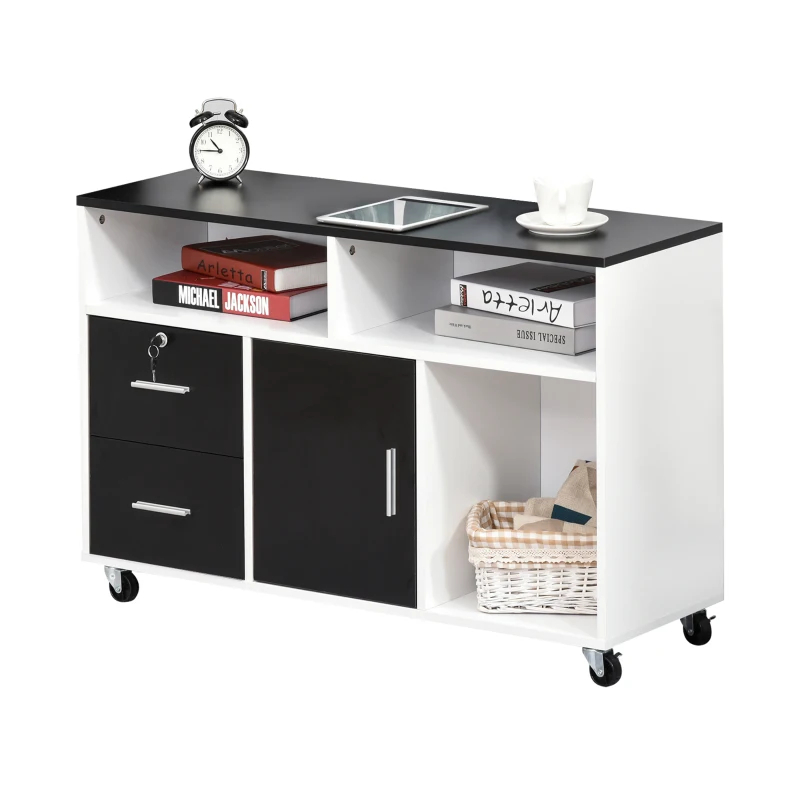 HOMCOM Mueble Auxiliar de Oficina Mueble Archivador con Ruedas Estantes y Cajones Armario Multiusos con Gran Almacenaje 100x35x65 cm Negro y Blanco