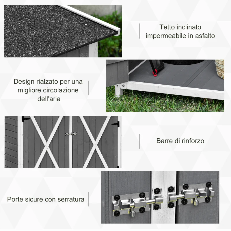 Outsunny Casetta in Legno da Giardino con 2 Ante, Armadio da Esterno Porta Attrezzi da Giardino con uno Sgabello, 139x75x147/160cm