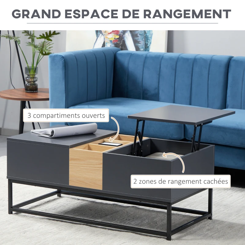 HOMCOM Table basse relevable 2 plateaux avec compartiments cachés et étagères ouvertes effet bois gris foncé