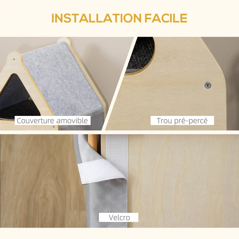 PawHut Niche pour chat 2 niveaux design scandinave avec tissu amovible et 2 coussins - 48 x 37,5 x 60 cm gris et bois naturel