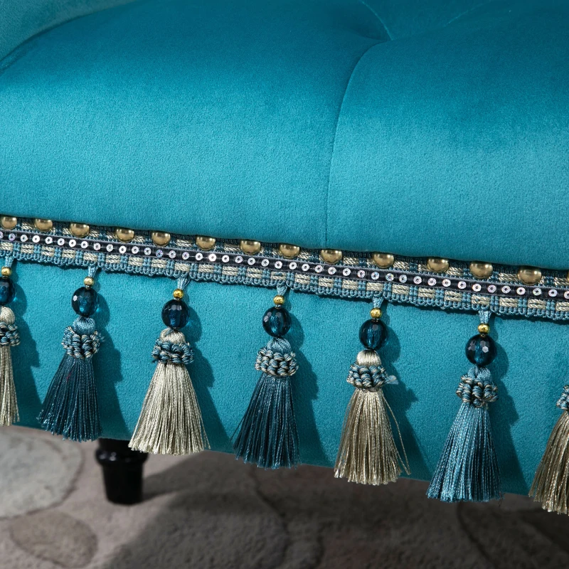 HOMCOM Banc banquette capitonnée design accoudoirs courbés pompons pieds bois hévéa revêtement velours bleu